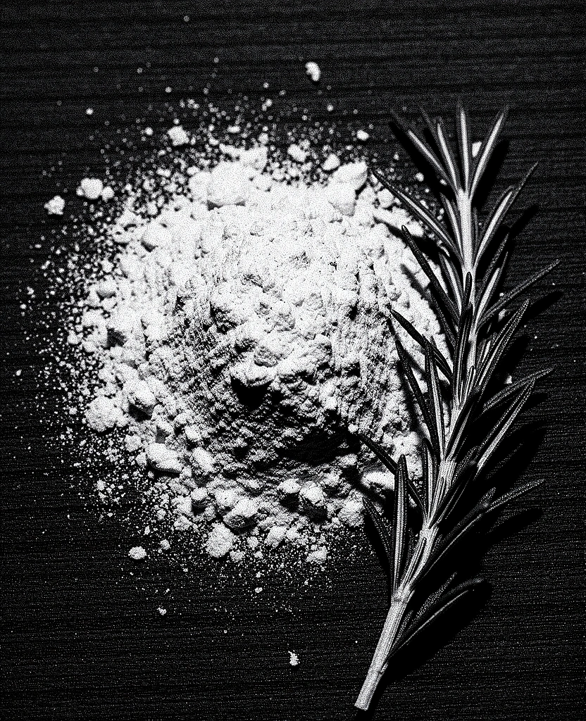 Grobes Mehl und frischer Rosmarin auf einer Arbeitsplatte